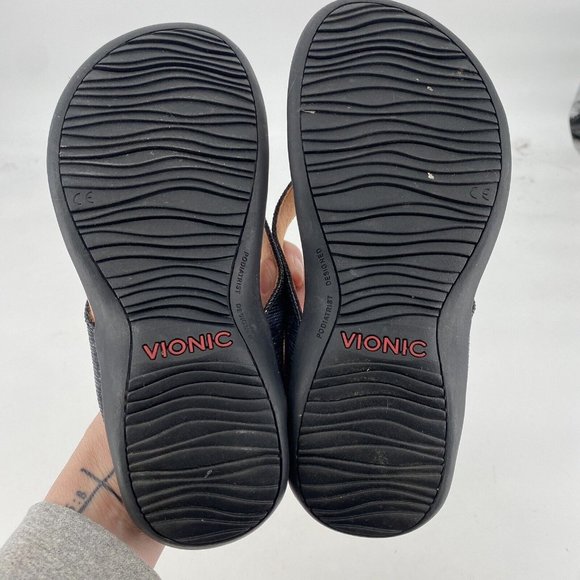 Vionic Sandals Women’s 7.5 wide black leather flip flop bow comfort walking - Picture 5 of 6